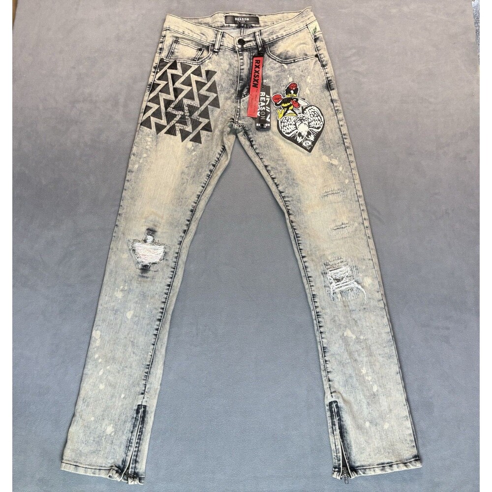 NEW‎ Reason Brand Jeans Mens Size 30 Slim Graphic Painted Comic Artstyle